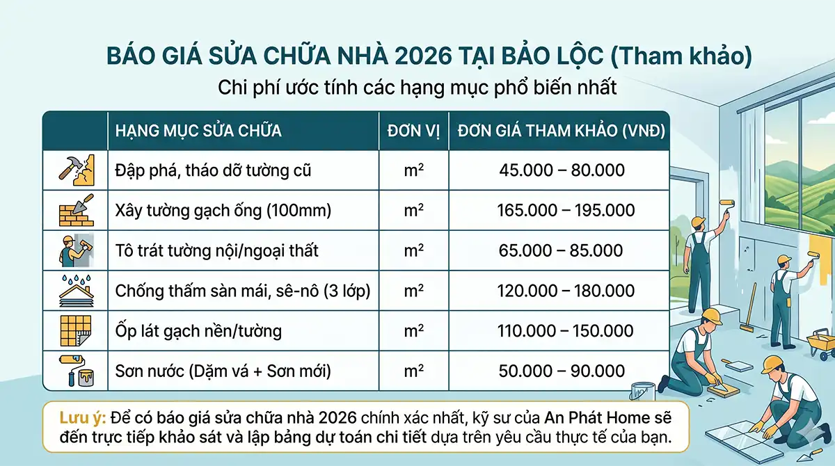 Bảng giá chi tiết dịch vụ sửa chữa nhà cũ tại Bảo Lộc - An Phát Home