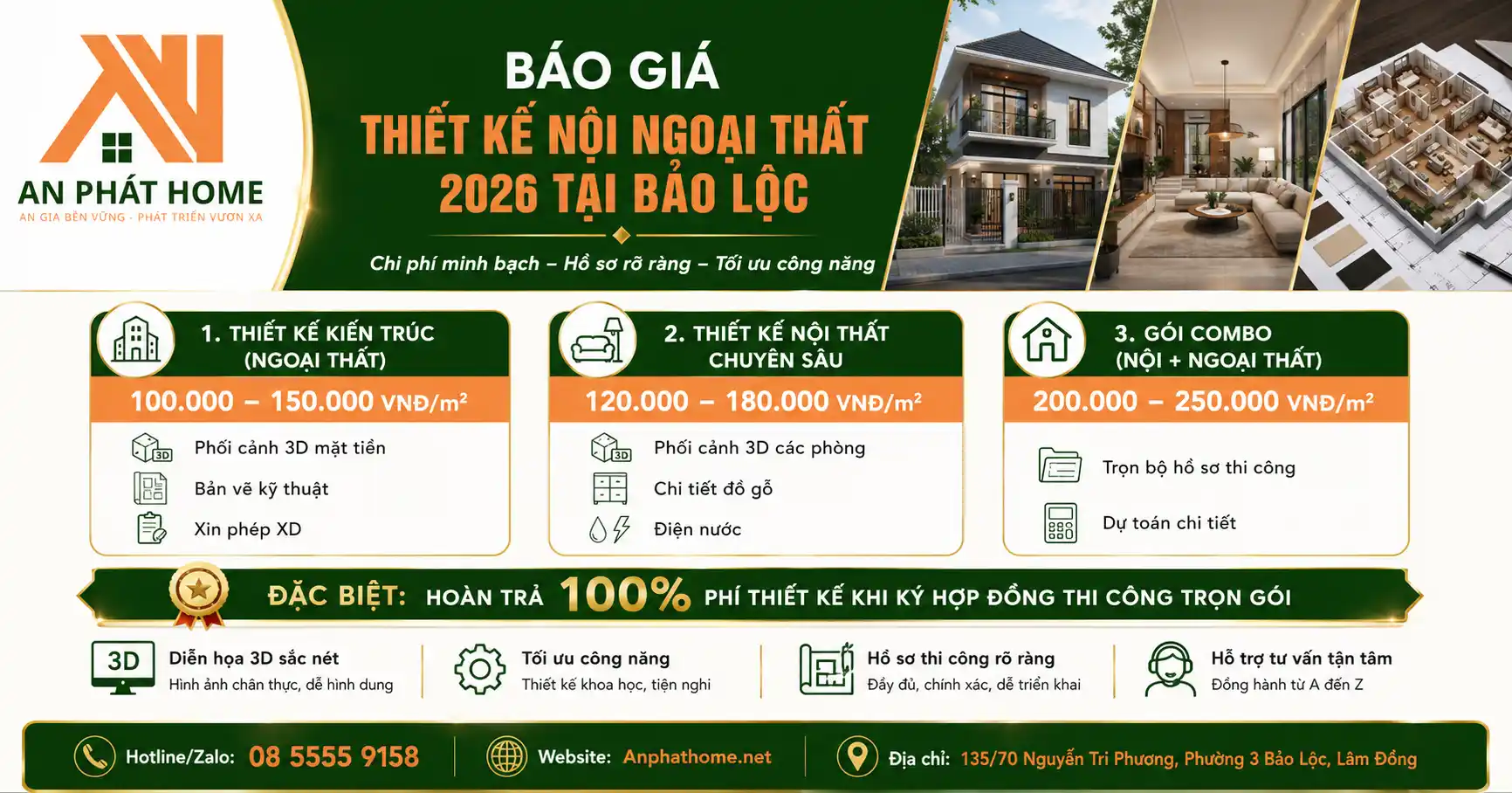Bảng giá chi tiết dịch vụ thiết kế nội ngoại thất tại Bảo Lộc của An Phát Home