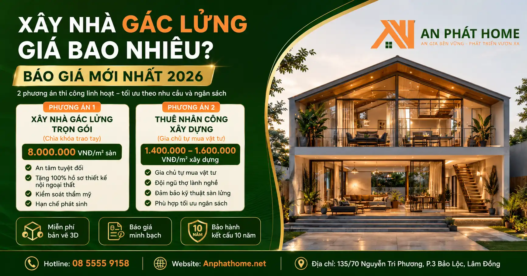Bảng giá chi tiết xây nhà gác lửng tại Bảo Lộc của An Phát Home