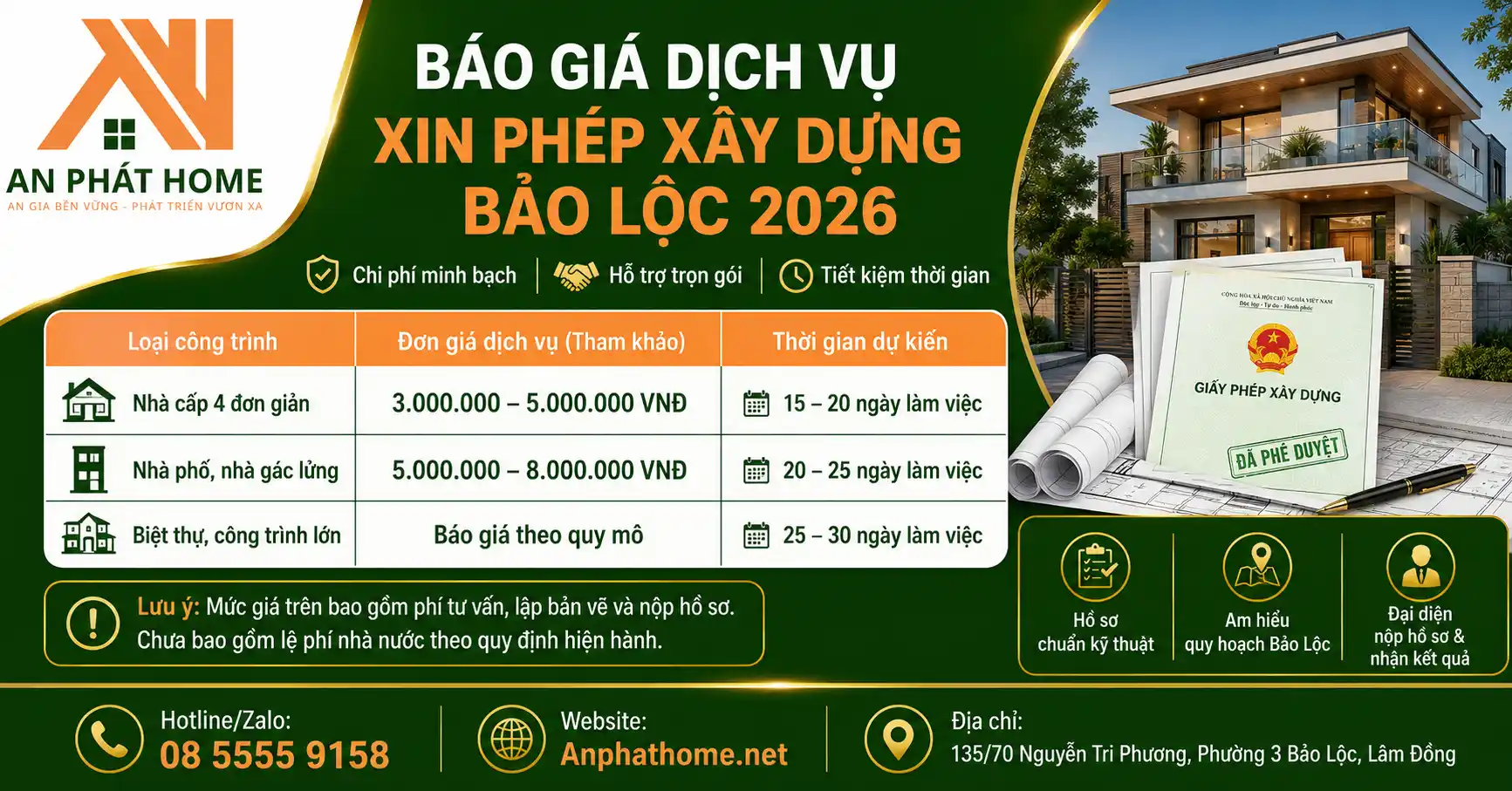 Bảng giá dịch vụ xin giấy phép xây dựng tại Bảo Lộc
