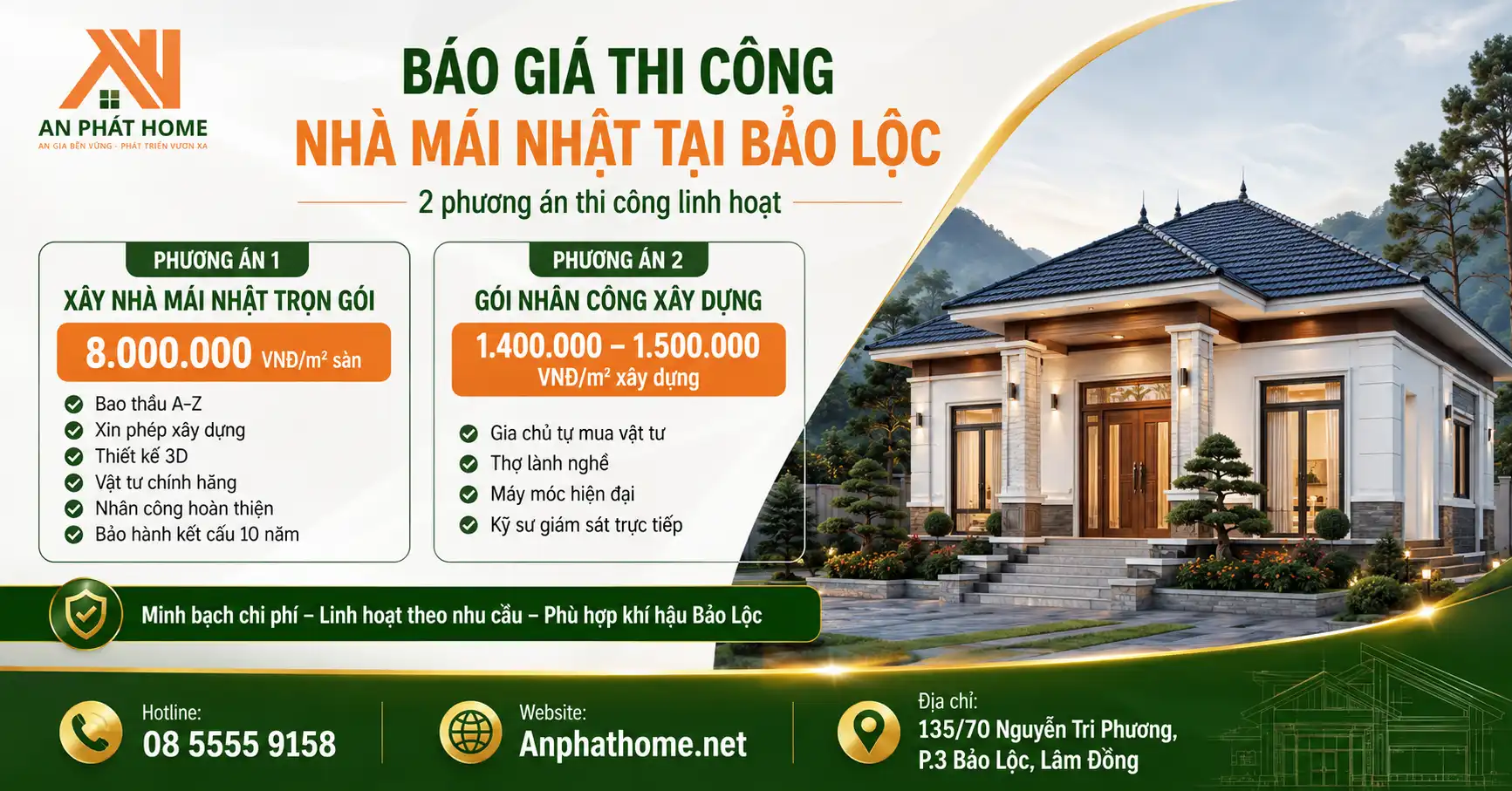 Bảng giá thi công nhà mái Nhật tại Bảo Lộc - An Phát Home