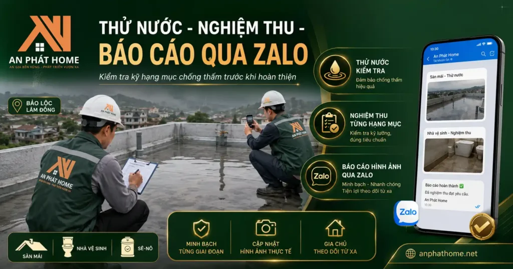 Thử nước và nghiệm thu là bước để kiểm tra kỹ thuật chống thấm tại Bảo Lộc