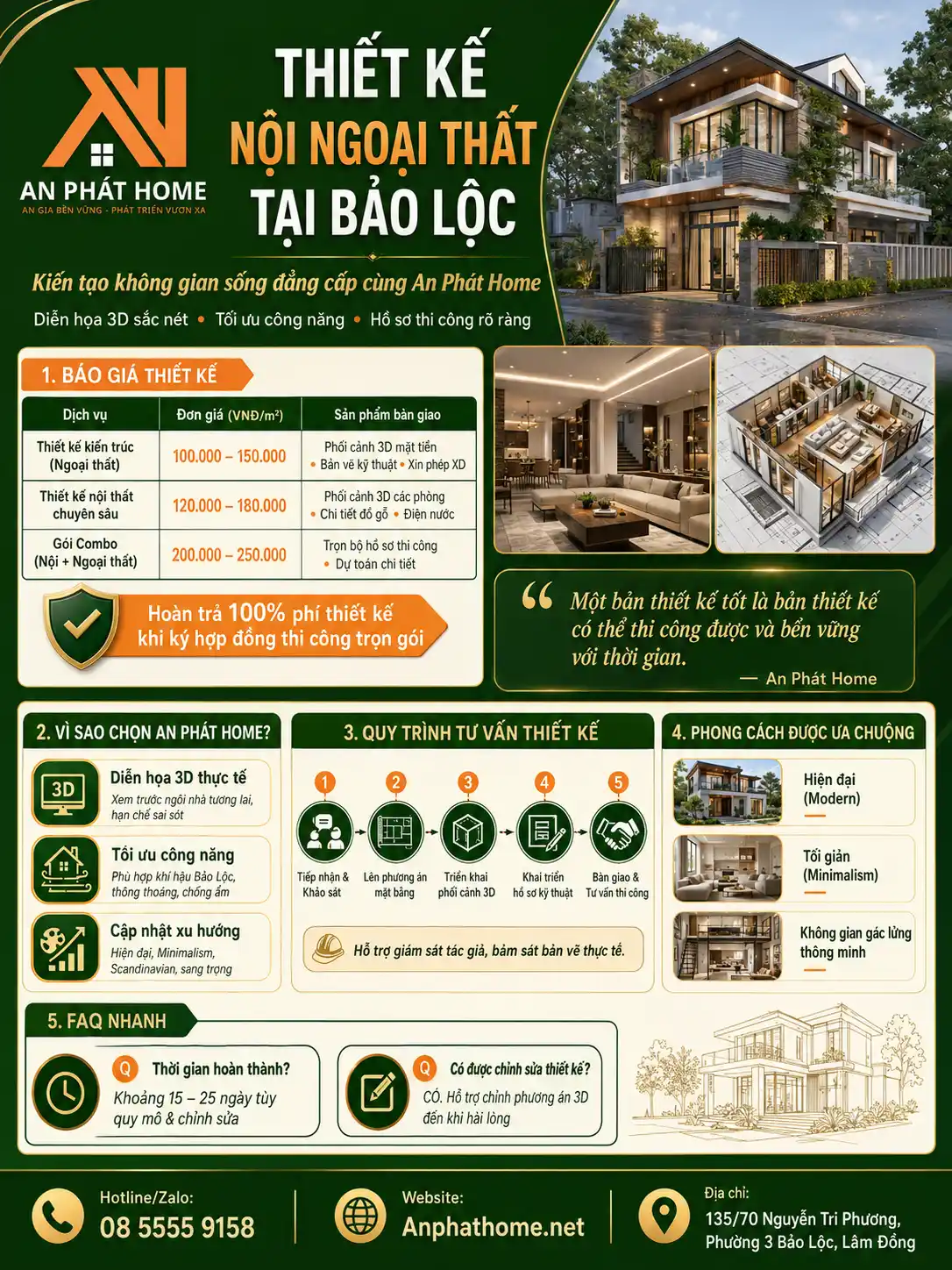 Tóm tắt dịch vụ thiết kế nội ngoại thất tại Bảo Lộc của An Phát Home