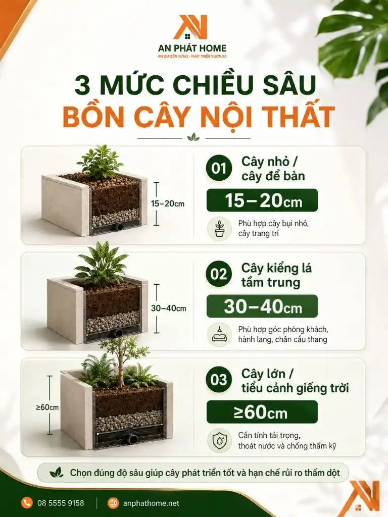 3 mức chiều sâu bồn cây nội thất bạn cần lưu ý