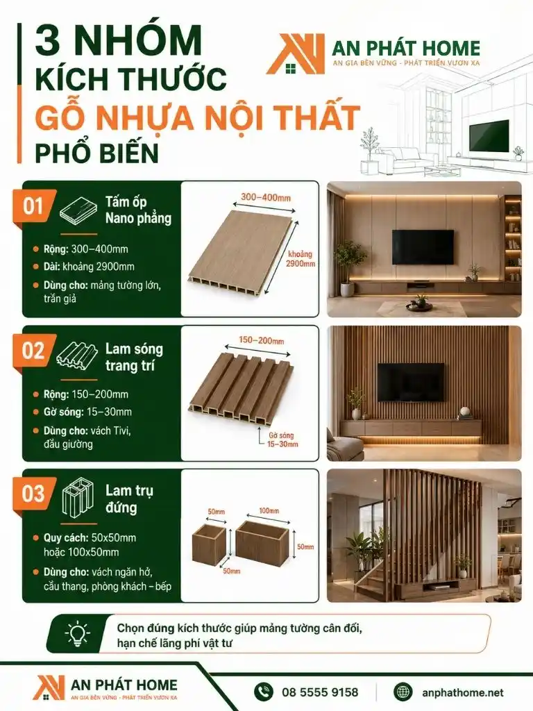 3 nhóm kích thước gỗ nhựa nội thất đang phổ biến hiện nay