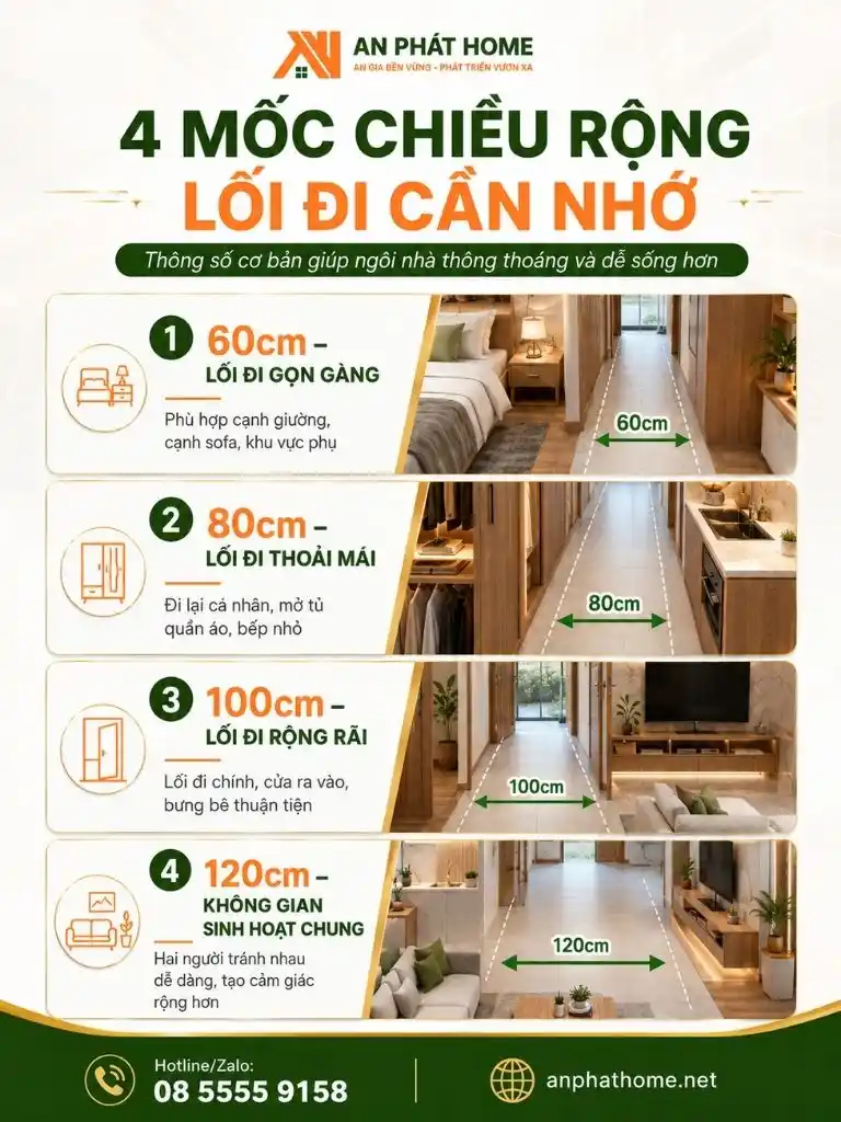 4 mốc quan trọng của chiều rộng lối đi trong nhà