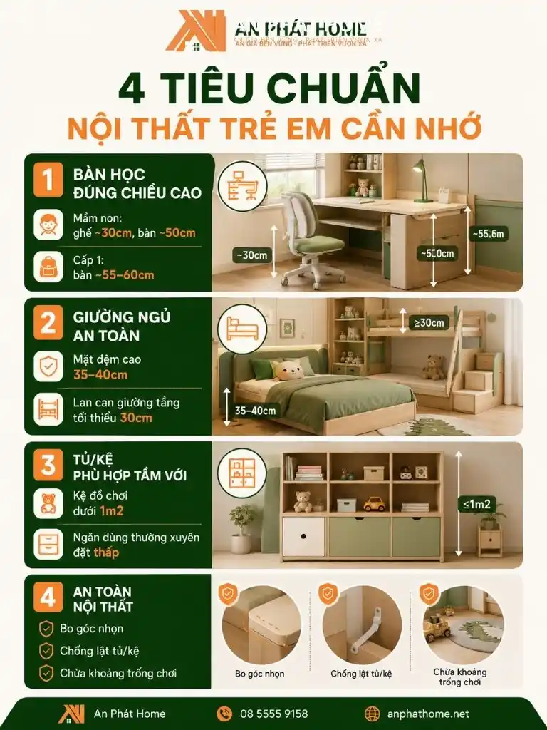 4 tiêu chuẩn quan trọng trong kích thước thiết kế nội thất trẻ em