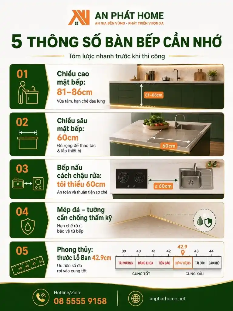 5 thông số quan trọng trong kích thước bàn bếp