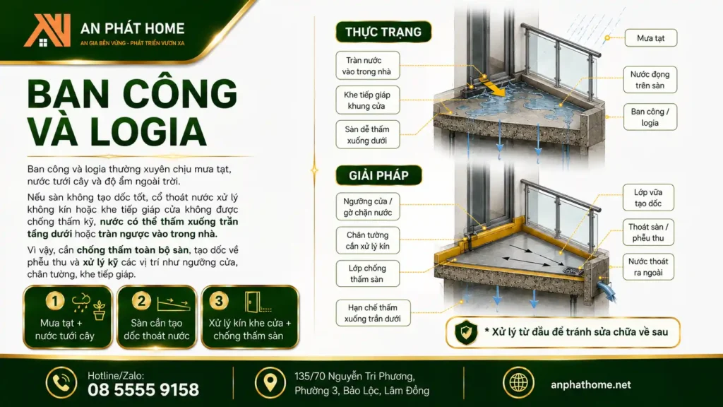 Ban công và Logia cũng là nơi thường hay tiếp xúc với nước mưa nên chống thấm phải thật tốt