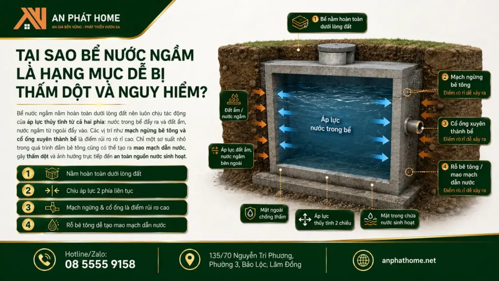 Bể nước ngầm là một hạng mục rất dễ bị thấm