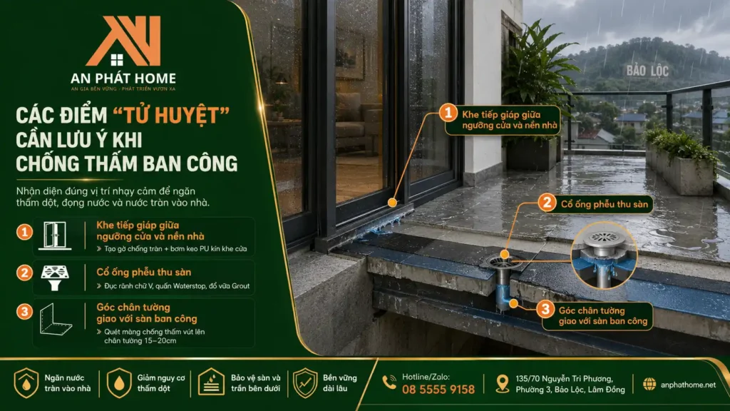 Các vi trí cần lưu ý khi chống thấm ban công