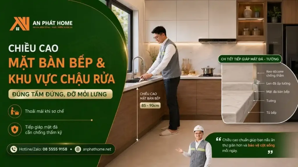 Chiều cao mặt bàn bếp và chậu rửa ảnh hưởng đến lối sinh hoạt hằng ngày