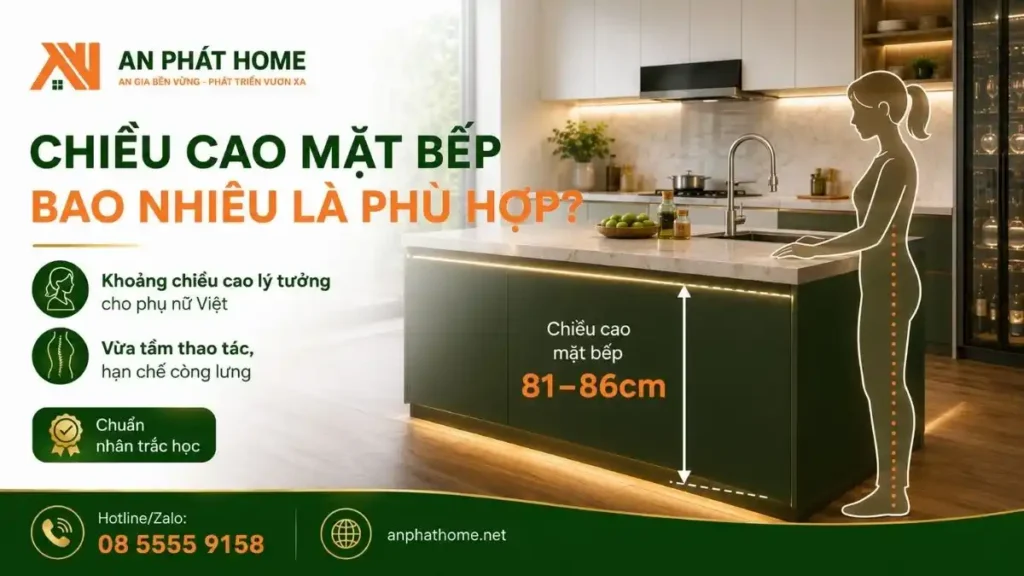 Chiều cao mặt bếp phù hợp sẽ giúp người sử dụng thoải mái hơn khi nấu nướng