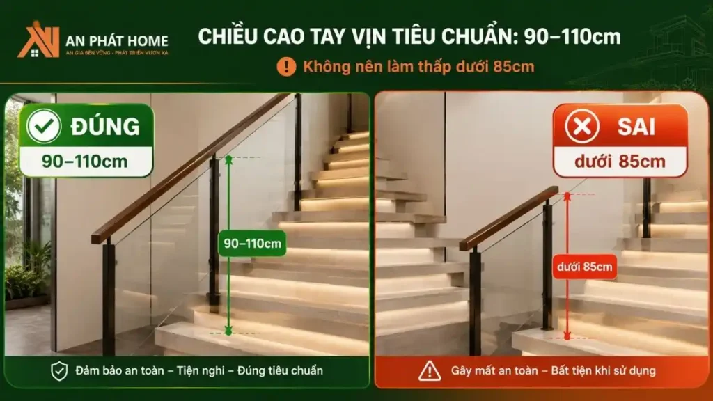 Chiều cao tay vịn tiêu chuẩn nên ở khoảng 90cm đến 110cm