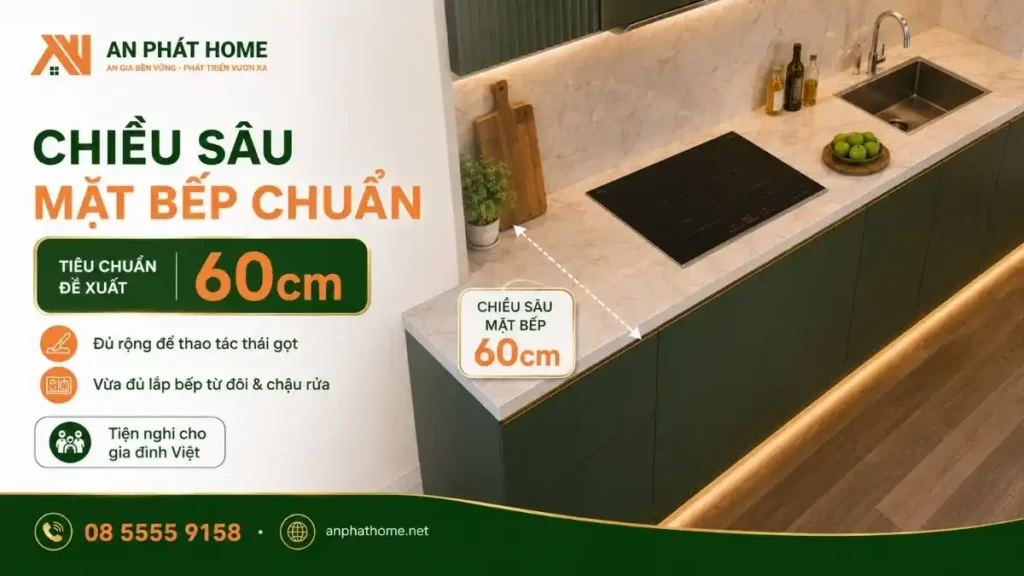 Chiều sâu mặt bếp chuẩn giúp không gian làm việc trên bếp thoải mái