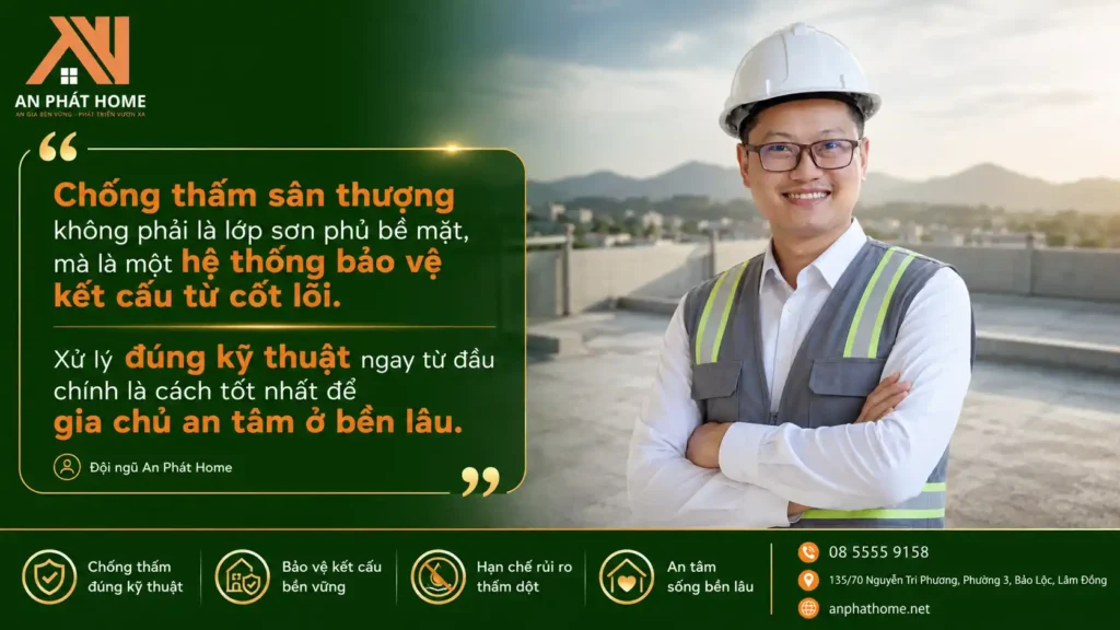Chống thấm sân thượng luôn là ưu tiên hàng đầu của An Phát Home khi thi công nhà
