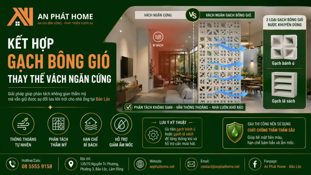 Dùng gạch bông gió thay thế vách ngăn cứng giúp gió lưu thông trong nhà tôt hơn