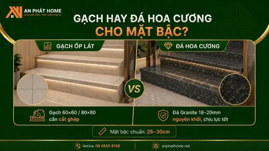Gạch hay đá hoa cương đều có vẻ đẹp riêng cho mặt bậc