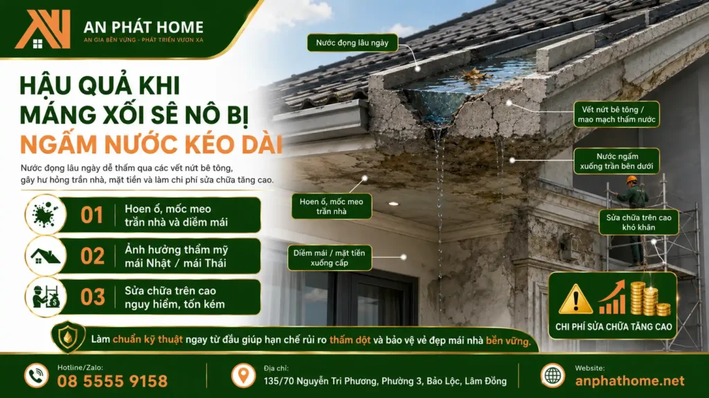 Hẫu quả khi máng xối sê nộ bị ngấm luôn gây thiệt hại lớn