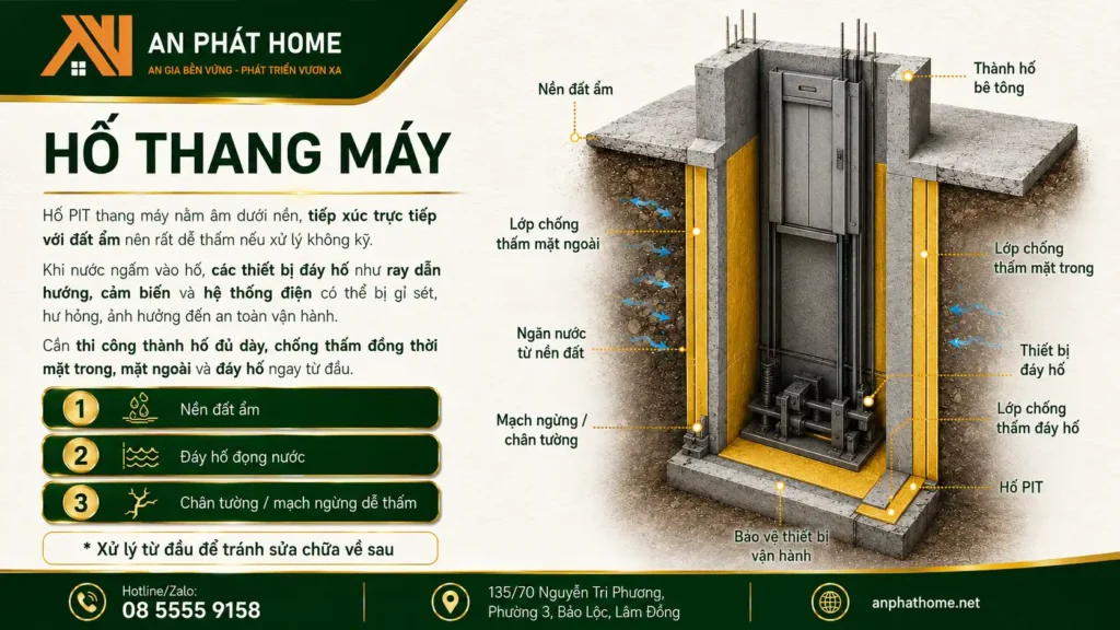 Hố thang máy là vị trí cần chống thấm nhưng ít được để ý tới