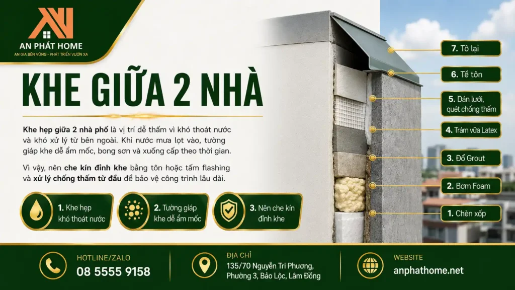 Khe giữa 2 nhà là nơi rất hay xảy ra việc thấm nên cần chống thấm thật tốt