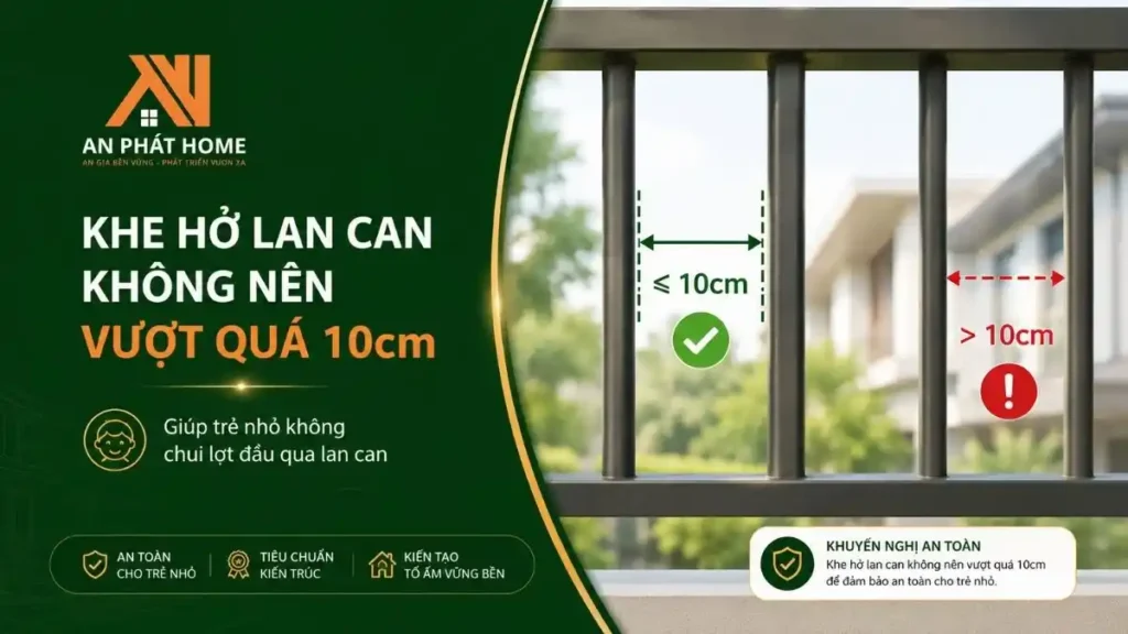 Khe hơ lan can phải chắc chắn không vượt quá 10cm để đem lại an toàn