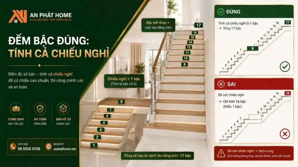 Khi đếm bậc cầu thang bạn cũng cần phải tính luôn cả chiếu nghỉ