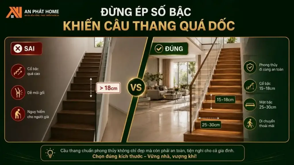 Khi làm bậc cũng đừng quá ép số bậc khiến cầu thang bị dốc