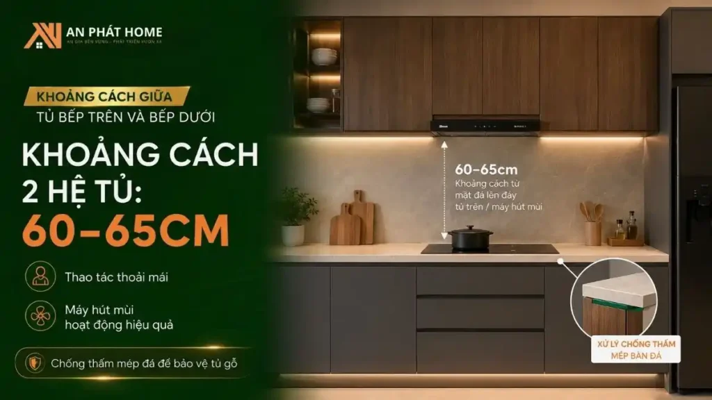 Khoảng các 2 hệ tủ bếp trên dưới nên từ 60 đến 65cm