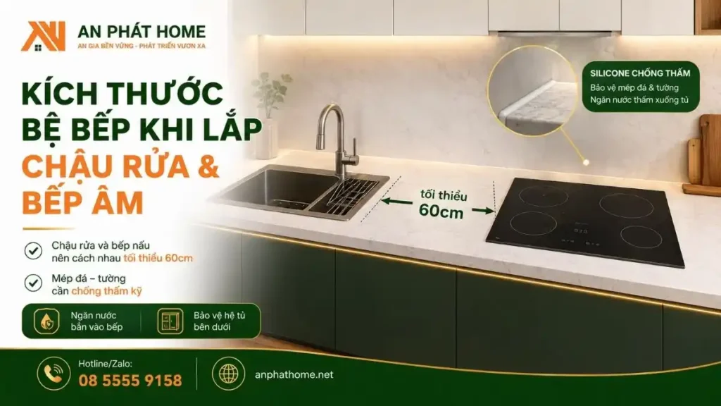 Kích thước bệ bếp khi lắp chậu rửa và bếp âm cần lưu ý