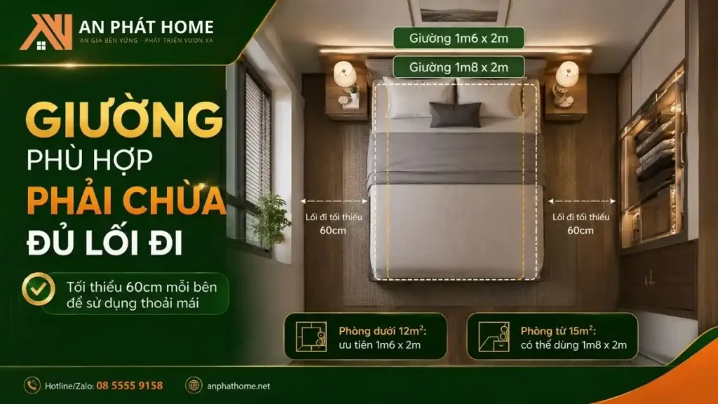 Kích thước giường trong phòng ngủ cần chừa lối đi