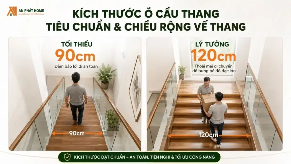 Kích thước ô cầu thang đủ tiêu chuẩn và chiều rộng về thang chuẩn