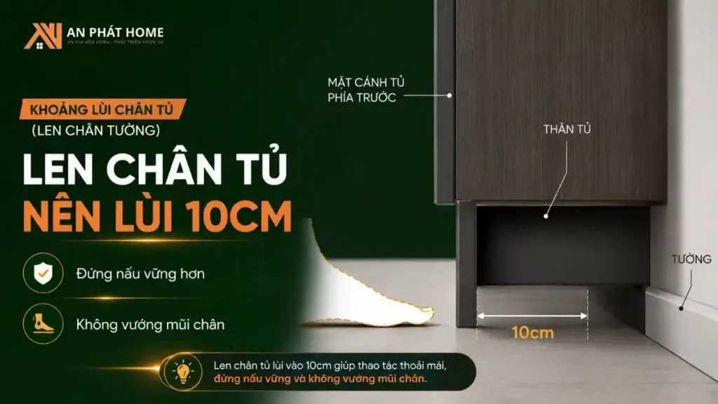 Len chân tủ bếp nên để 10cm giúp bạn đứng dễ dàng hơn