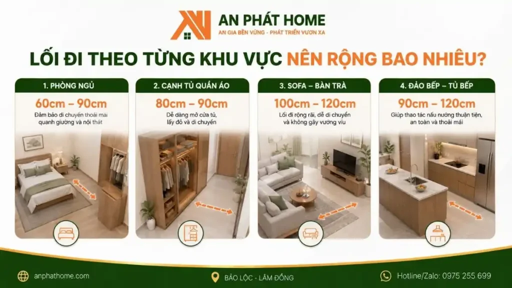 Lối đi theo từng khu vực sẽ cần rộng bao nhiêu