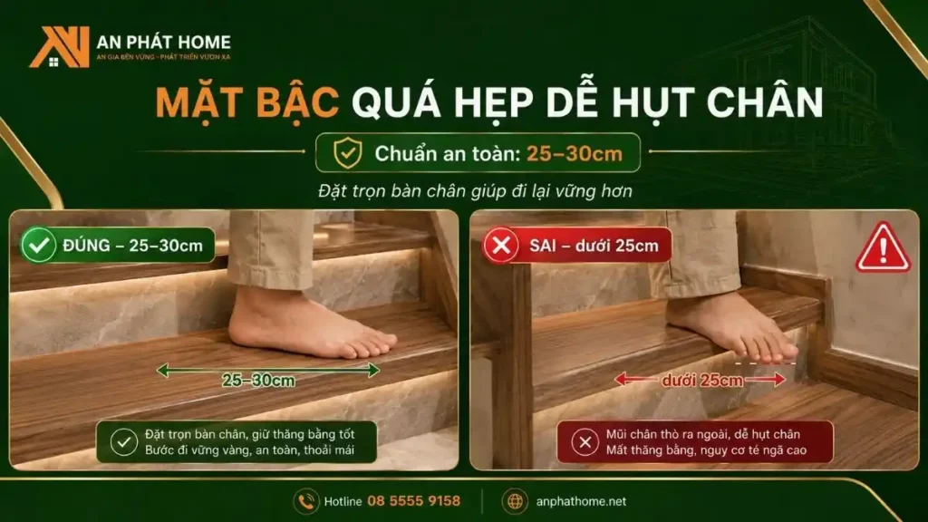 Mặt bậc cần không quá hẹ dễ dẫn đến việc bước hụt