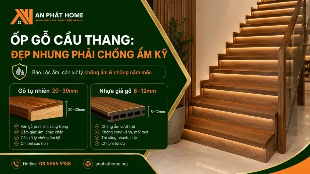 Ốp gỗ cầu thang giúp cầu thang đẹp nhưng cần chú ý đến chống ẩm