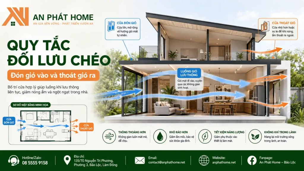 Quy tắc đối lưu chéo giúp hệ cửa nhôm Xingfa thông gió cho căn nhà tốt hơn