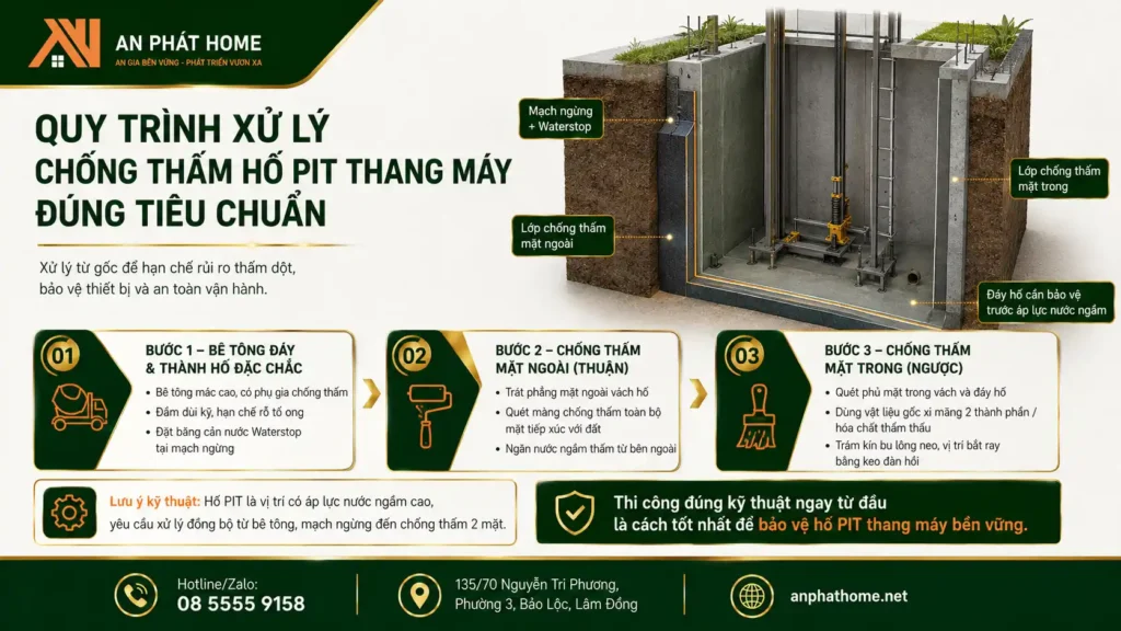 Quy trình xử lý chống thấm hố Pit thang máy của An Phát Home