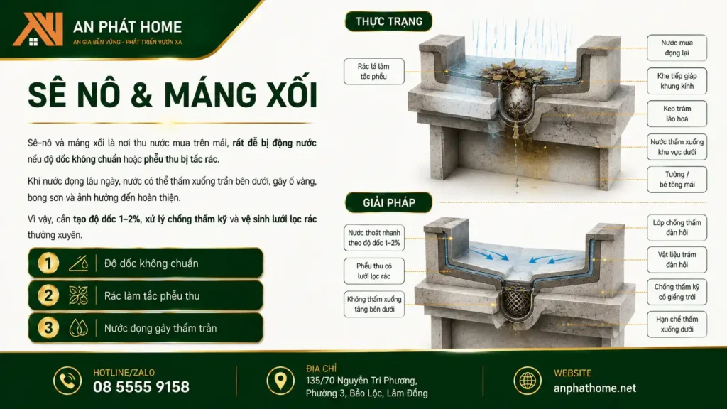 Sê nô và máng xối thường bị tắc nghẽn khiến nước thấm vào nhà