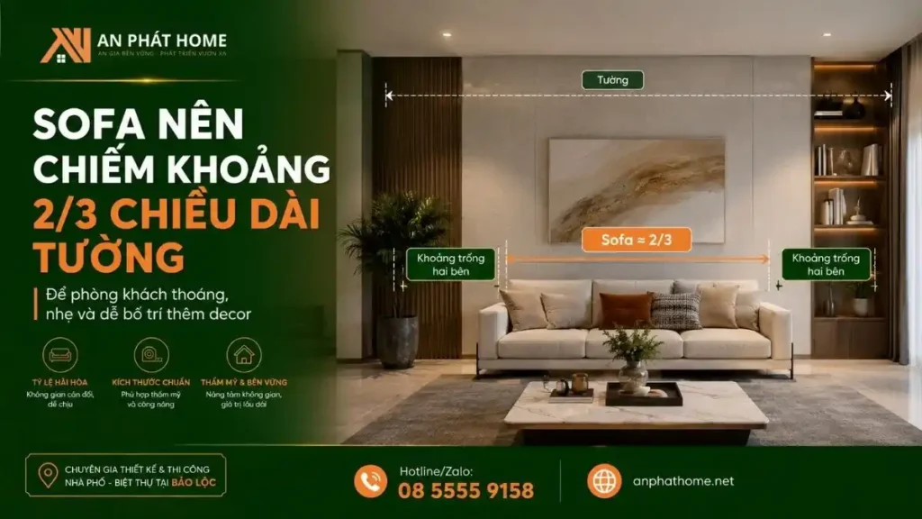 Sofa trong thiết kế nên chiếm khoảng lớn tường sẽ phòng khách cân đối hơn