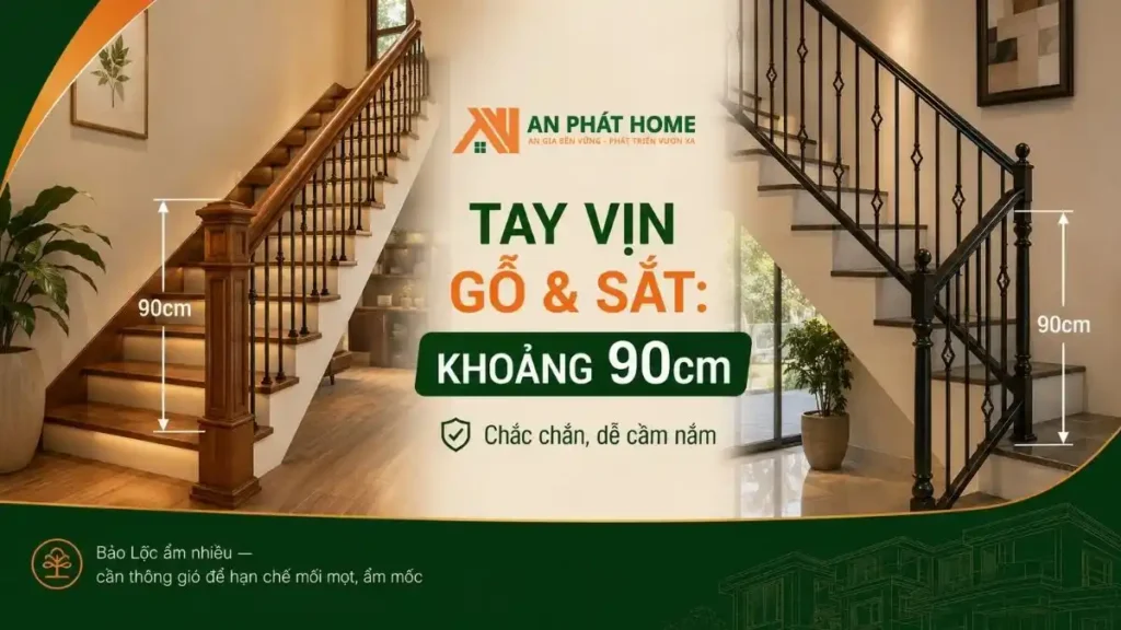 Tay vịn cầu thang bằng gỗ và sắt cũng nên có kích thước khoảng 90cm