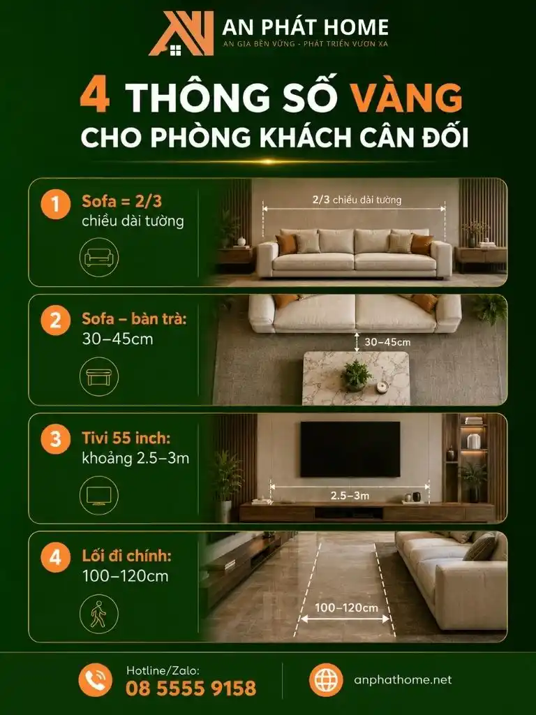 Thông số vàng cho phòng khách cân đối trong thiết kế nội thất