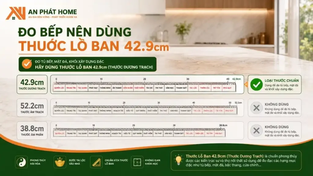 Thước lỗ ban 42.9cm luôn là tiêu chuẩn quan trọng trong bếp