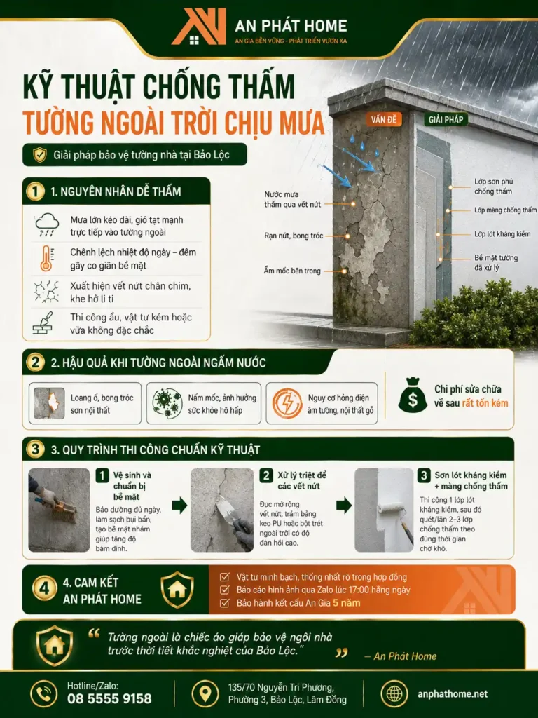 Tóm tắt kỹ thuật chống thấm tường ngoài phù hợp với thời tiết Bảo Lộc