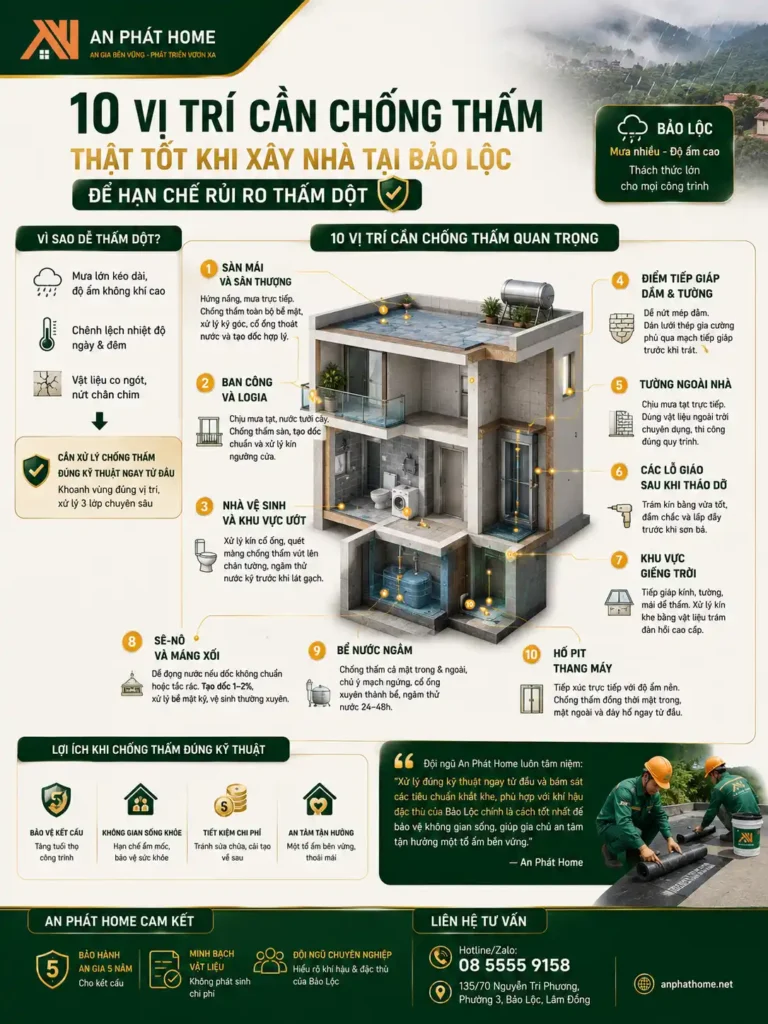 Tóm tắt sơ lược 10 vị trí cần chống thấm phổ biến trong xây nhà tại Bảo Lộc