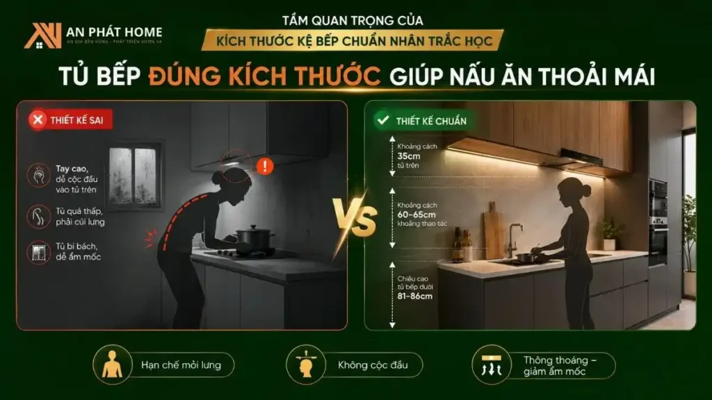 Tủ bếp đúng kích thước giúp cho việc nấu ăn được thuận tiện hơn