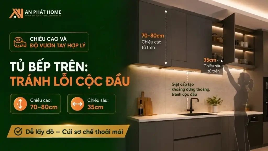 Tủ bếp trên cần đúng kích thước để dễ lấy đồ và không bị cộc đầu