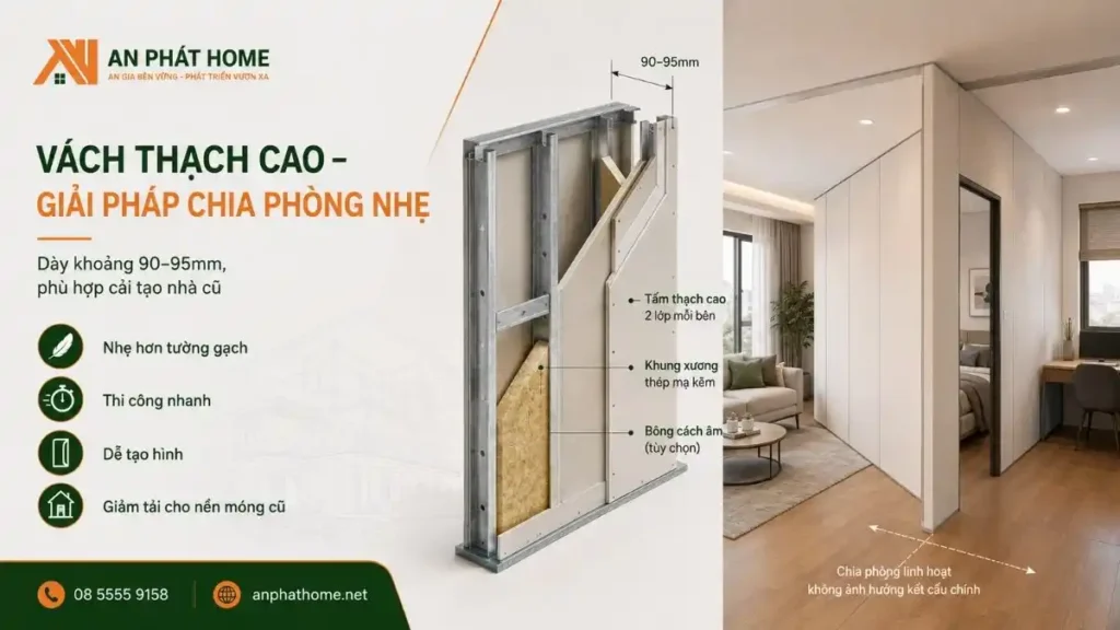 Vách thạch cao biện pháp phổ biển và giá rẻ để ngăn phòng