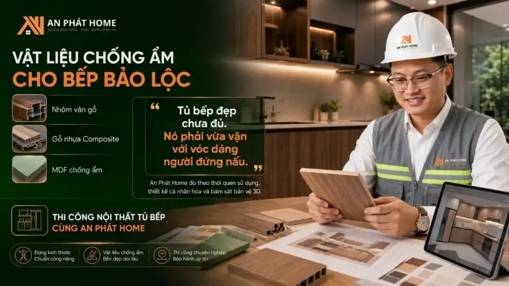 Vật liệu chống ẩm cho tủ bếp cũng là cái quan trọng để có tủ bếp bền đẹp