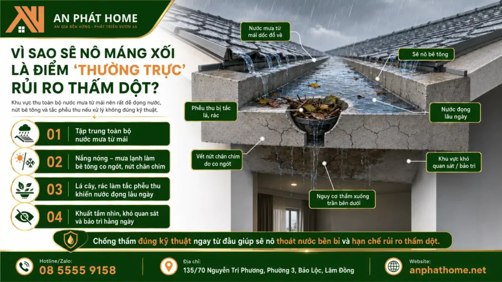 Vì sao sê nô và máng xối luôn tiềm ẩn rủi ro bị thấm